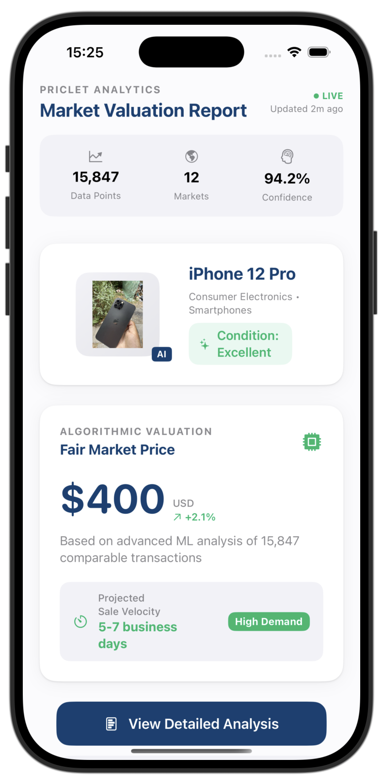 iPhone app screenshot showing price evaluation interface